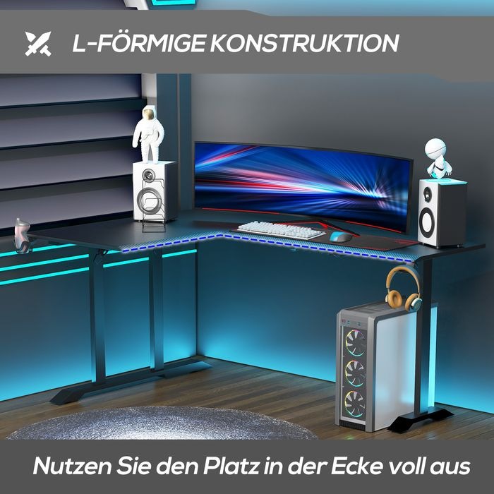 Produktbild Swisshandel24 Gaming Tisch Schreibtisch L-förmige mit Kopfhörerhaken Getränkehalterung MDF Metall Schwarz+Rot 168x