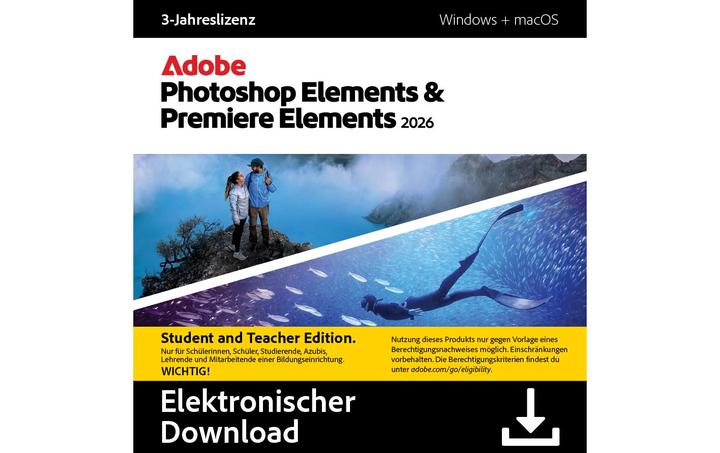 Adobe Photoshop & Premiere Elements 2026 (1 Utilisateur, 1 Périphériques/Utilisateurs, 36 mois)