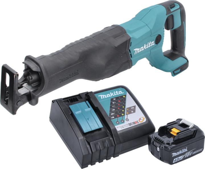 1x Makita DJR 186 cordless reciprocating saw, 1x Makita BL1840 B 18 V 4.0 Ah battery, 1x Makita DC 18 RC charger