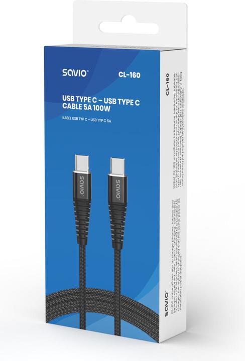 Actual product image Savio Cable USB USB-C - USB-C 2 m Black (1 811565) (2 m, USB 2.0, 100 W)