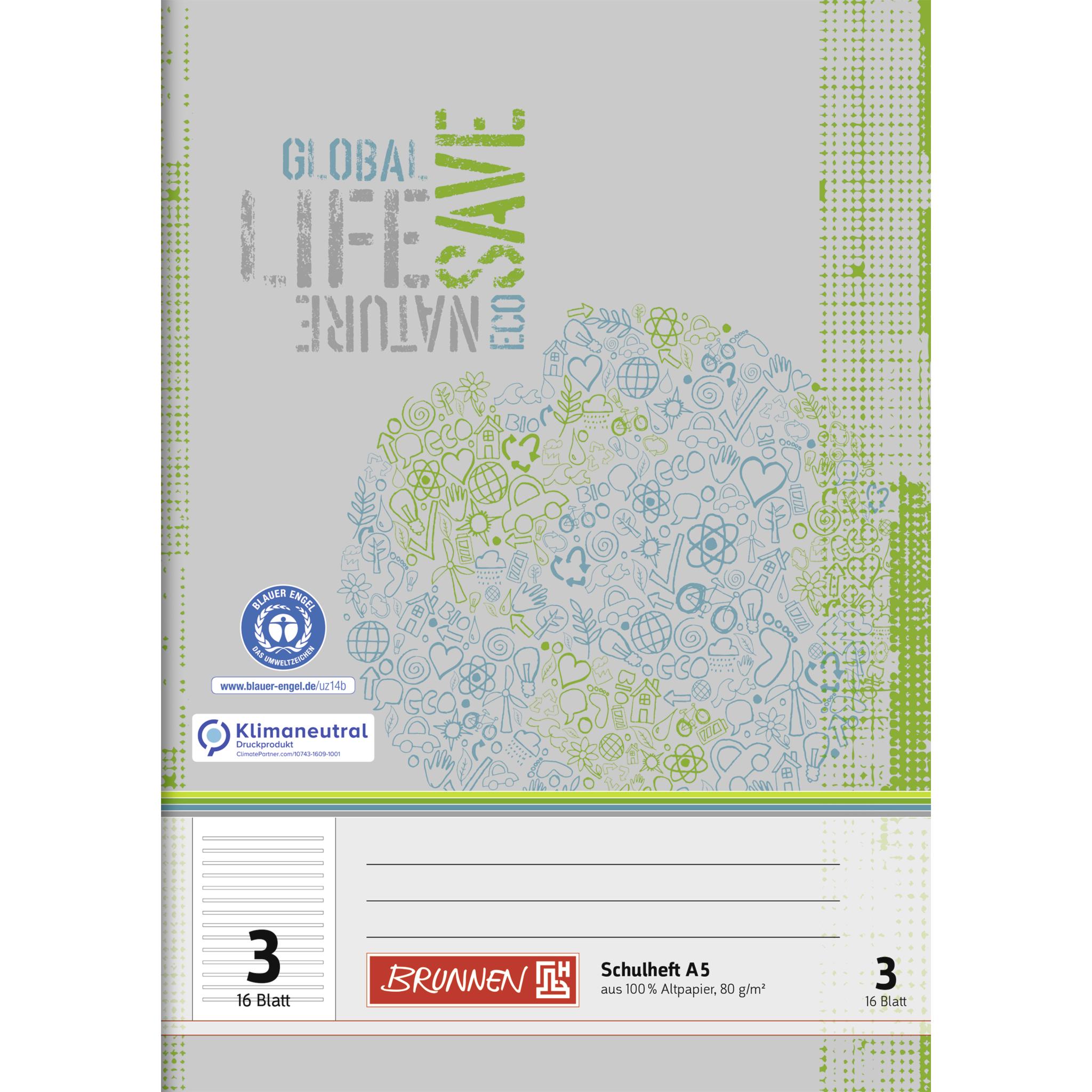 Brunnen, Heft + Block, Schulheft Recycling A5, Lineatur 3R, 16 Blatt, grün/grau (A5)