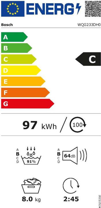 Label énergétique Bosch Hausgeräte WQG 233 DH 0 Sèche-linge avec pompe à chaleur 8kg A+++ AutoDry SensitveDry (EX) (8 kg, Droite)