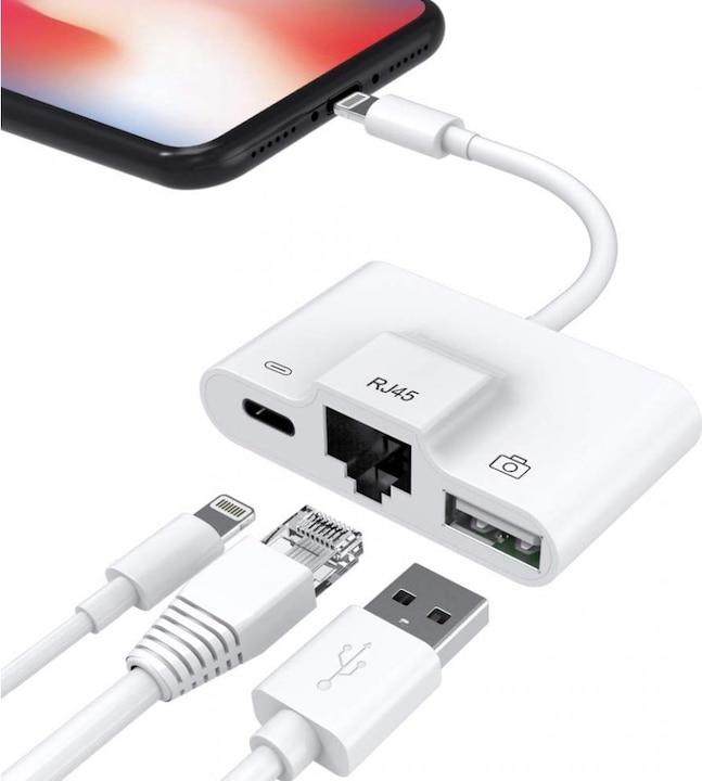 Image du produit PowerGuard Adaptateur de caméra Lightning Ethernet pour Apple iPhone iPad (USB-A, Lightning)