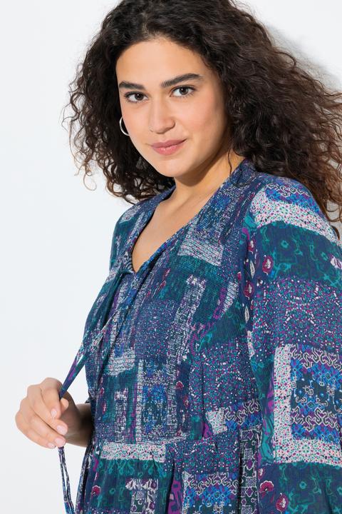 Actual product image Ulla Popken Patchwork Print Smocked 3/4 Sleeve Blouse (58)