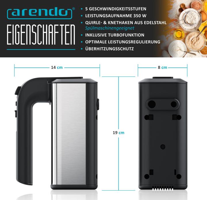 Produktbild Arendo Handmixer, Handrührgerät, 5 Geschwindigkeiten, inkl. 2 Rührbesen & 2 Knethaken, Handrührer 350 W (350 W)