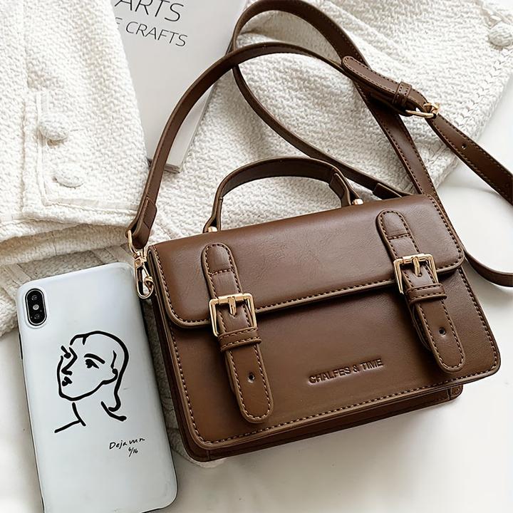 Immagine prodotto Only-Bags.Store Borsa preppy quadrata a tracolla in tinta unita, borsa a tracolla con patta con fibbie, marrone