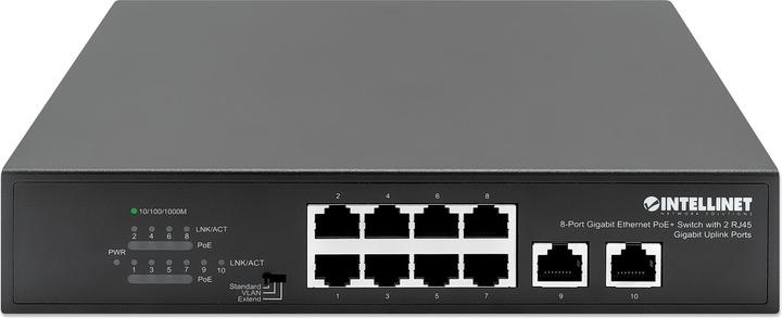 Actual product image Intellinet 8-Port Gigabit Ethernet PoE+ Switch with 2 RJ45 Gigabit Uplink Ports (8 ports)