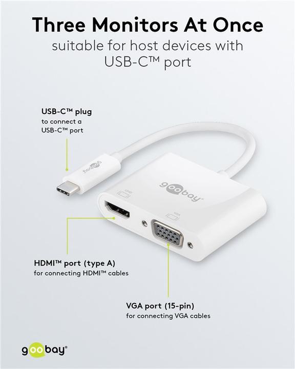 Immagine prodotto Goobay USB-C™ Multiport Adapter HDMI™+VGA, 1 pezzo in sacchetto, bianco (USB-C, 2 Porti)