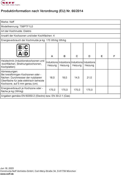 Nährwerte und Zutaten Neff N 90, Induktionskochfeld, 80 cm, Schwarz, flächenbündig (integriert), T58PTF1L0 (79.20 cm, Induktionskochfeld)
