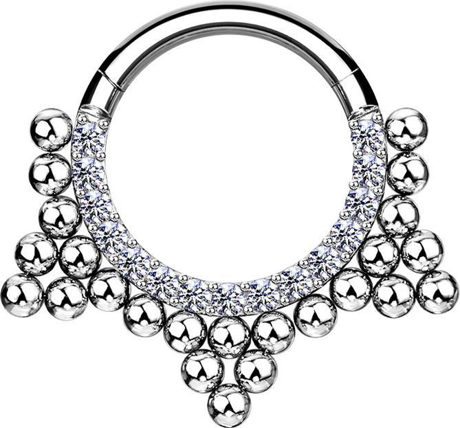 Actual product image Star Piercing Micro segment ring hinged silver front crystals silver and beads triangle (without brass, Surgical steel 316L)