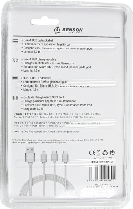 Actual product image Benson Electric 3in1 universal USB charging cable, micro USB, USB type C and Lightning, 120 cm (1.20 m)