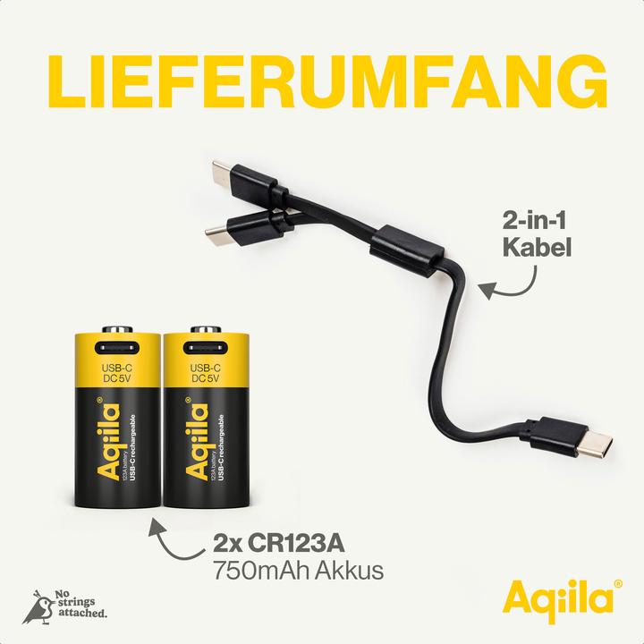 Actual product image Aqiila - USB-C Rechargeable Battery - Size CR123A - 750 mAh - 2-pack (2 pcs., RCR123A, 750 mAh)