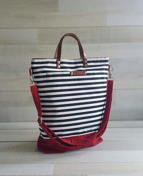 Immagine prodotto Only-Bags.Store Borsa tote, borsa di tela, tela di cotone a righe bianche e nere e tela rossa, borsa da uomo