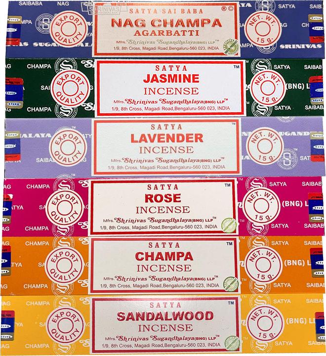 Nag Champa Satya Räucherstäbchen Set Agarbatti Jasmine Lavendel Rose Sandalwood Champa 6 x 15 g