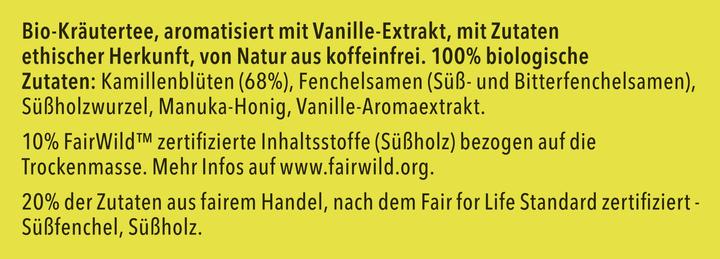 Valeurs nutritives et ingrédients Pukka Camomille, vanille & miel de Manuka (32 g)