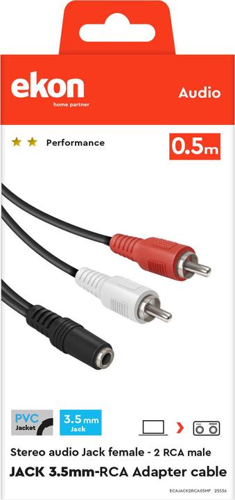 Productafbeelding Ekon Audiokabel met 3,5 mm mannelijke aansluiting en twee vrouwelijke RCA-stekkers (0.30 m, AUX-kabel)