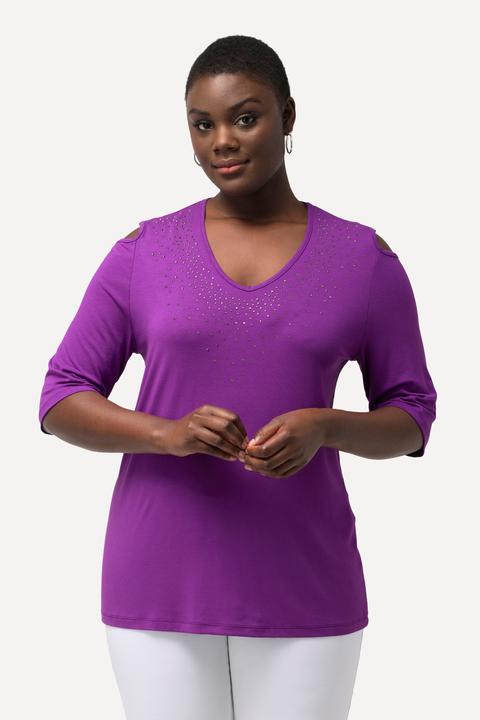 Actual product image Ulla Popken Rhinestone Detail 3/4 Sleeve Tee (50, 52)