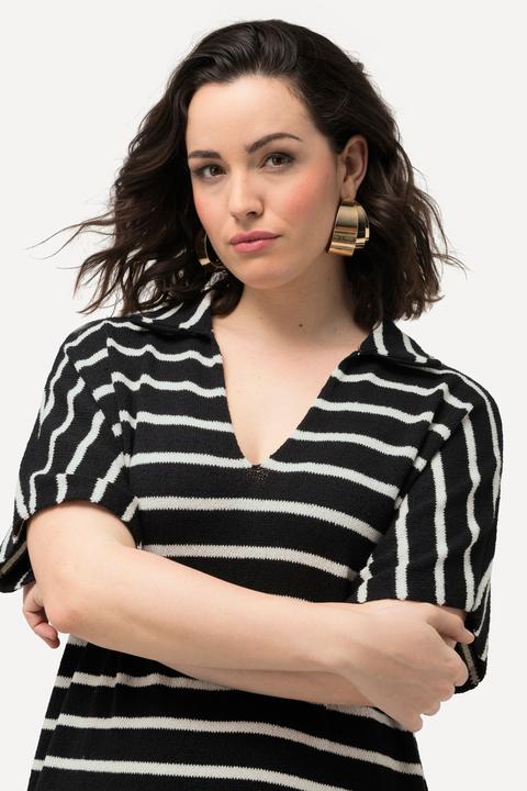 Image du produit Ulla Popken Robe midi en maille, manches courtes et col chemise. Rayures. (50, 52)