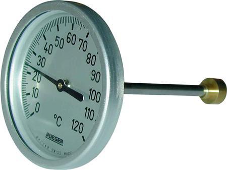 Actual product image Sørensen & Kofoed Rüger termometer type TCH. 0-120° Ø100. 50MM føler. Class 1. Følerhus i rustfri A