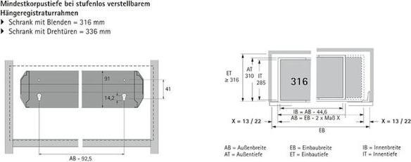 Actual product image Hettich Systema Top 2000 suspension file frame 700-872 / 316 mm aluminium finish (1 pcs.)