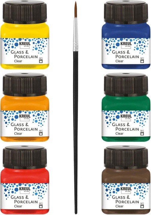 Immagine prodotto Kreul Set trasparente in vetro e porcellana (Verde scuro, Rosso ciliegia, Giallo sole, Marrone espresso, Blu scuro, Arancia, 120 ml)