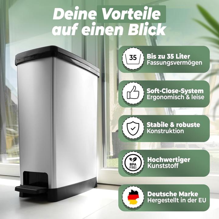 Produktbild Novaliv 3x Grosser Mülleimer mit Deckel - 35L Tretmülleimer mit Soft-Close-System - Stabiler Abfallei (35 l)