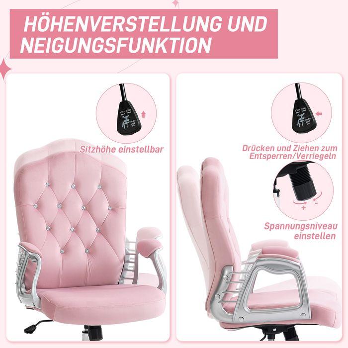 Produktbild Swisshandel24 Bürostuhl mit Wippfunktion, ergonomisch, mit Kristallknöpfen, Samtoptik, bis 120kg, Rosa (47 - 57 cm)