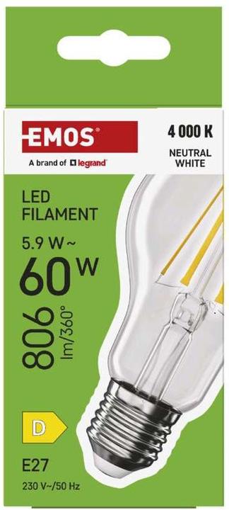 Image du produit Emos Ampoule LED filament A60 / E27 / 5,9 W (60 W) / 806 lm / Blanc neutre (E27, 5.90 W, 806 lm, 1 x, D)