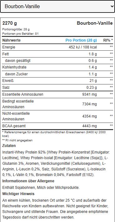 Nährwerte und Zutaten Biotech USA 100 Pure Whey (Bourbon-Vanille, 1 Stk., 2270 g)