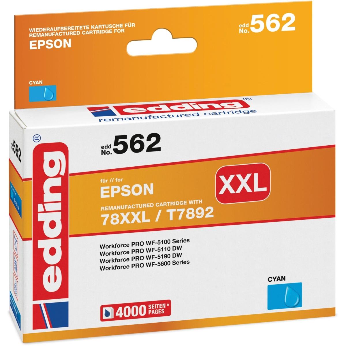 Edding, Druckerpatrone, Tintenpatrone Druckerpatrone ersetzt 78XXL / T7892 Cyan (C)