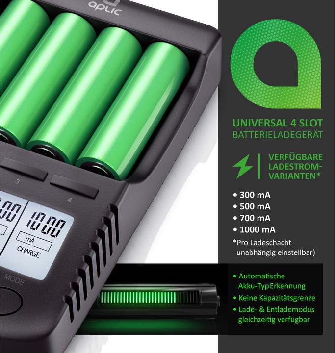 Image du produit Aplic Chargeur de batterie avec port de charge USB (18650, AAA, AA, Chargeurs sans batterie)