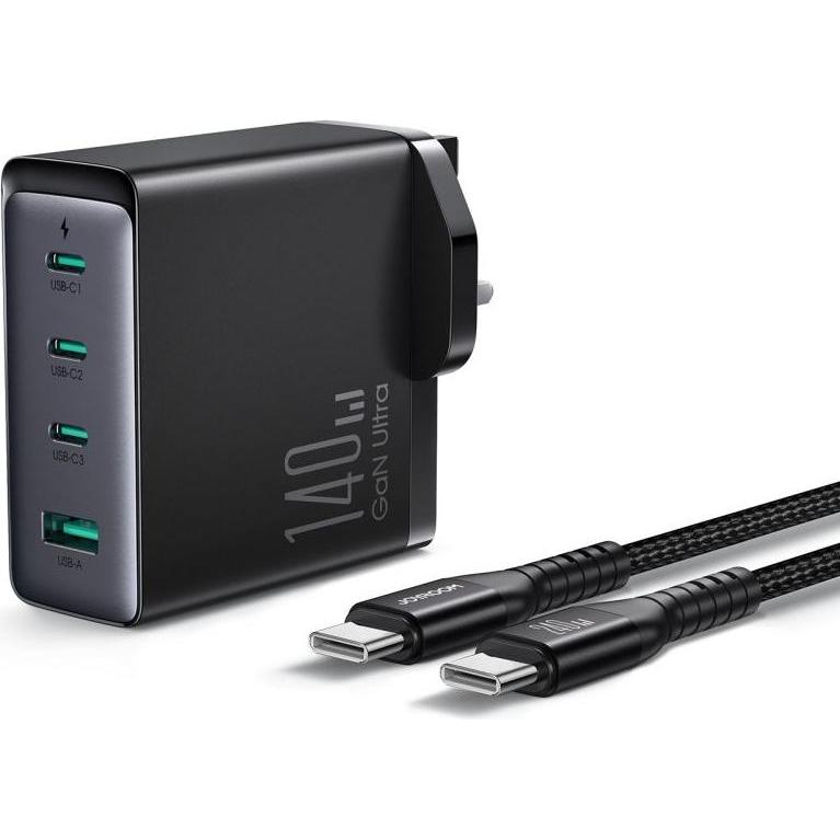 Joyroom GaN-Ladegerät UK JR-TCG05UK 140 W 3x USB-C USB-A + USB-C / USB-C-Kabel 240 W 1,2 m (140 W), USB Ladegerät, Schwa...