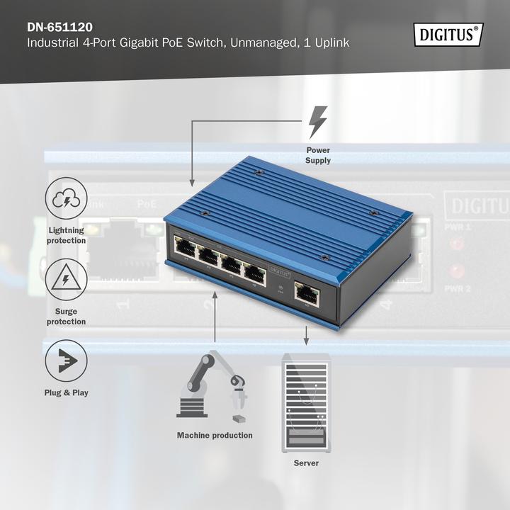 Productafbeelding Digitus Industriële 4-poorts Gigabit PoE schakelaar + 1 Uplink-poort (5 ports)