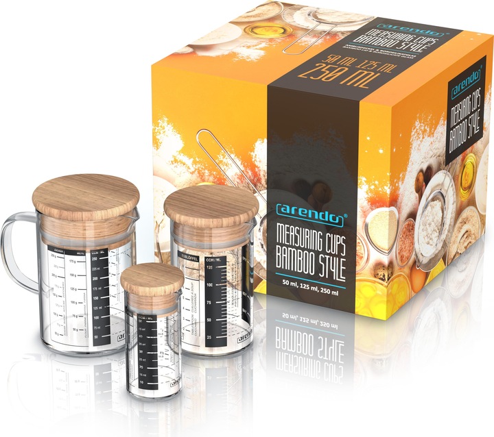 Produktbild Arendo Messbecher-Set, 50 ml, 125 ml & 250 ml aus Glas für Küche, luftdicht, Bambusdeckel, Silikondichtung (250 ml)