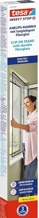 Produktbild tesa CLIP-ON Insektenschutz mit Anklipsrahmen für Fenster, zuschneidbarer Rahmen, ohne Bohren (100 x 120 cm)