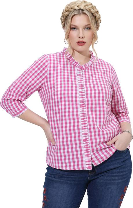 Actual product image Ulla Popken Checked Ruffle Trim 3/4 Sleeve Button-Down Shirt (60)