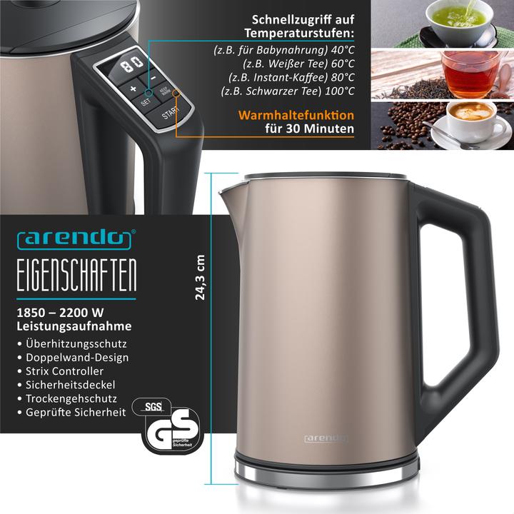 Produktbild Arendo Frühstücks Set, Edelstahl Wasserkocher 1,5l Temperaturwahl & 4-Scheiben Langschlitz Toaster, Beige (1.50 l)