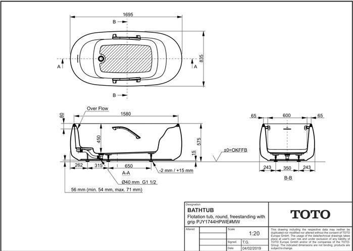 Image du produit TOTO FLOATING Baignoire libre avec poignée de baignoire ronde blanc mat (229 l, 170 cm, 83.50 cm)