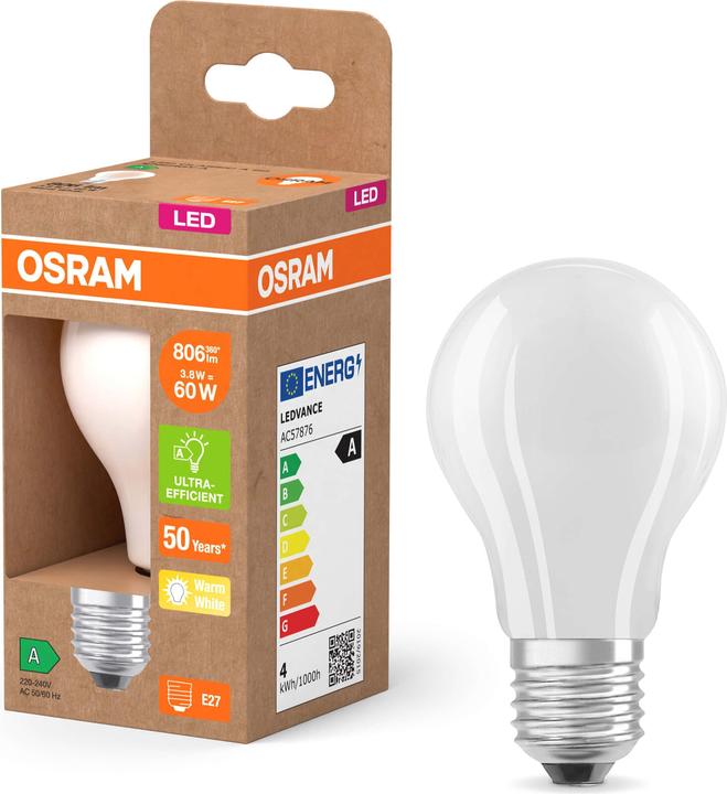 Produktbild Osram LED CLASSIC höchste Effizienzklasse A 3.8W 827 gefrostet E27 Lampe 806lm 2700K warmweiss wie 6 (E27, 3.80 W, 806 lm, 1 x, A)