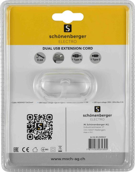 Actual product image Schönenberger Power strip (2x, USB-A, USB-C, 3 m)