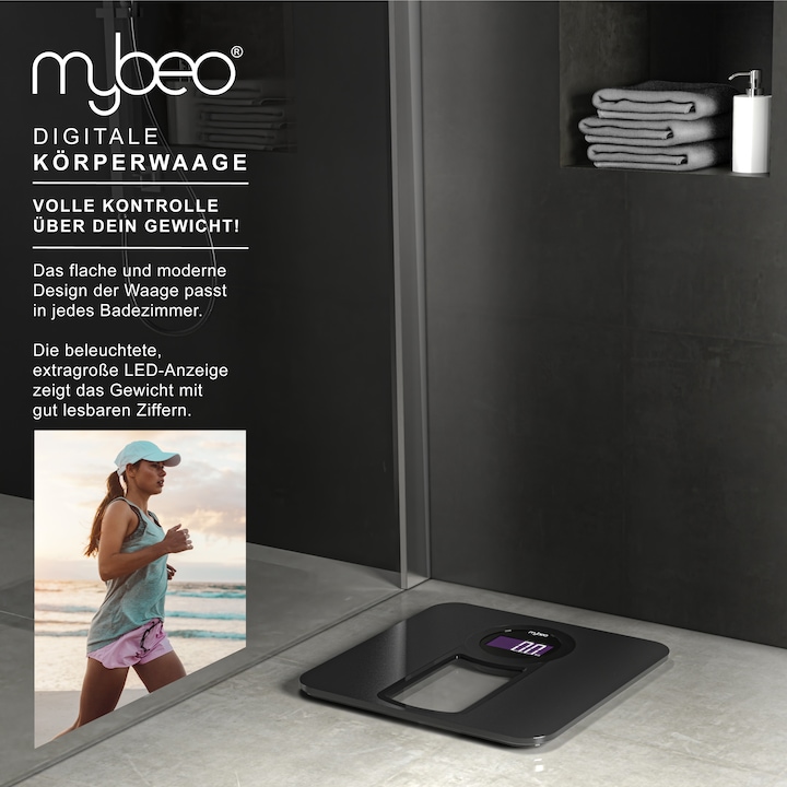 Produktbild Mybeo Digitale Körperwaage, Badezimmer Waage mit 6 mm Sicherheitsglas, Glas Personenwaage mit LCD Anzeige (150 kg)