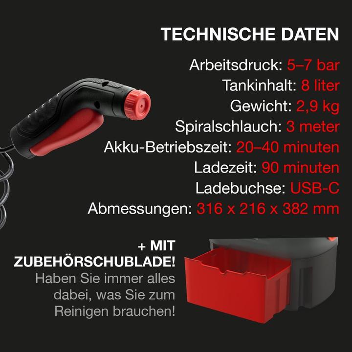 Produktbild Errecom Hochdruckreiniger tragbar mit Staufach, 8 Liter Tank, 3 Meter Schlauch, 2,9 kg (Akkubetrieb)