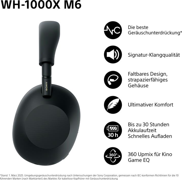 Immagine prodotto Sony WH-1000XM6 (ANC, 30 h, Senza fili, Cablato)