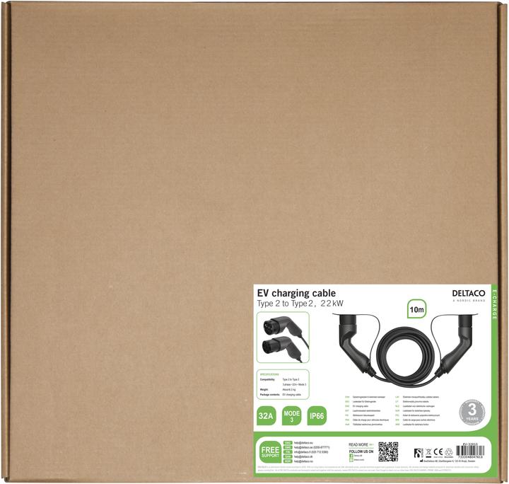 Actual product image Deltaco EV charging cable, e-car & hybrid, Type2 to Type2, 32 A, 22 kW, 3-phase (Type 2, 22 kW, 32 A, 10 m)