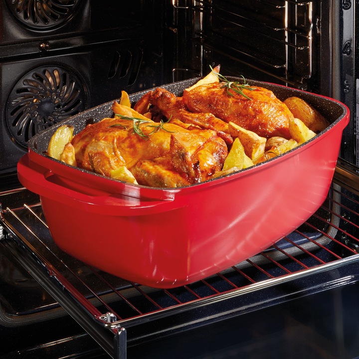 Produktbild Stoneline Bräter 43 x 26 cm mit Deckel, Backofen und Induktion geeignet, Antihaftbeschichtung, rot (Bräter + Schmortopf, Aluminiumguss)