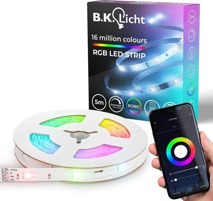 Actual product image B.K.Licht WiFi + Bluetooth Magic RGB-LED Flexband, 5m, incl. music sensor (RGBIC, 4 cm, Indoor)