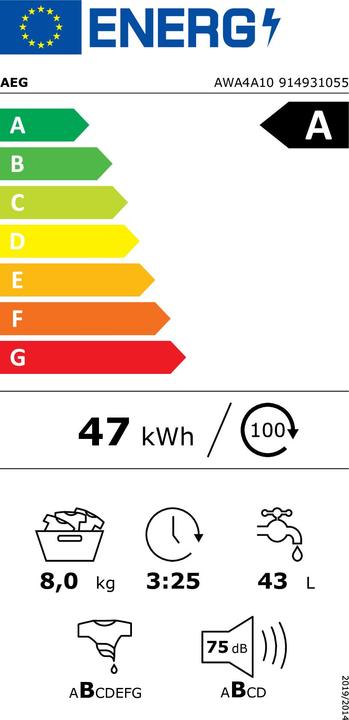 Energie-Label AEG by Electrolux Waschmaschine AWA4A10 Links, Einsatzort: Einfamilienhaus (8 kg, Links)
