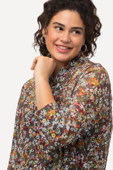 Image du produit Ulla Popken Blouse en tulle à col chemise et manches longues, ligne en A et motif millefleurs (50, 52)