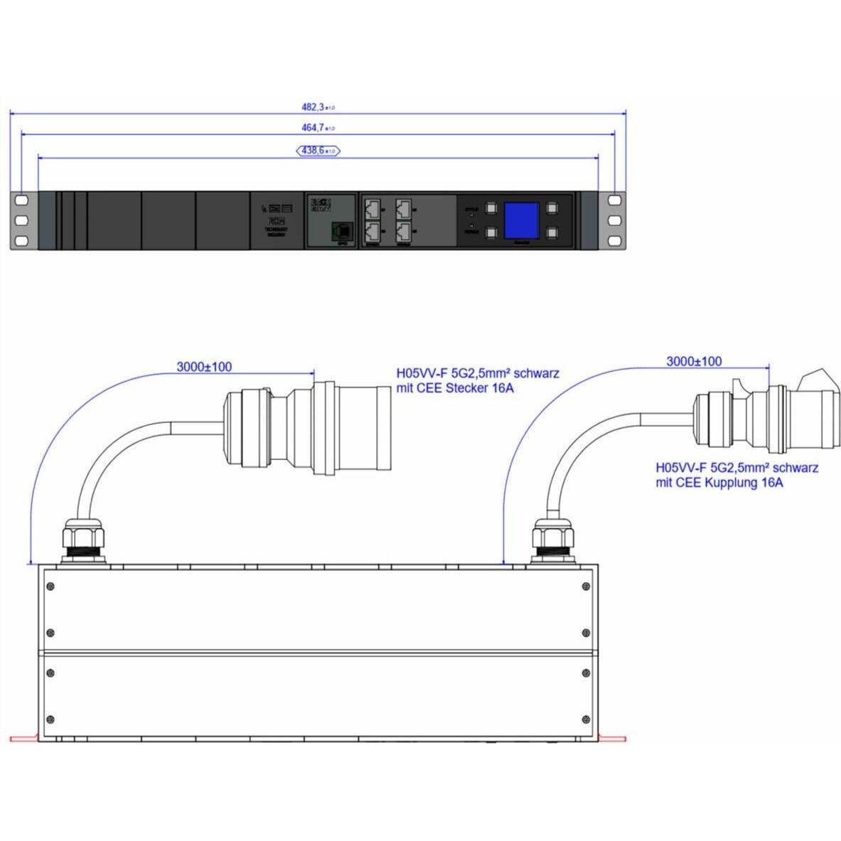 Bachmann, Steckdosenleiste, BN3000 RCM XXL PROFIL Slave 3x16A Messung p.Ph. 3m H05VV-F 5G 2,5 CEE 3x16A Lan (3 x, CEE 7/...