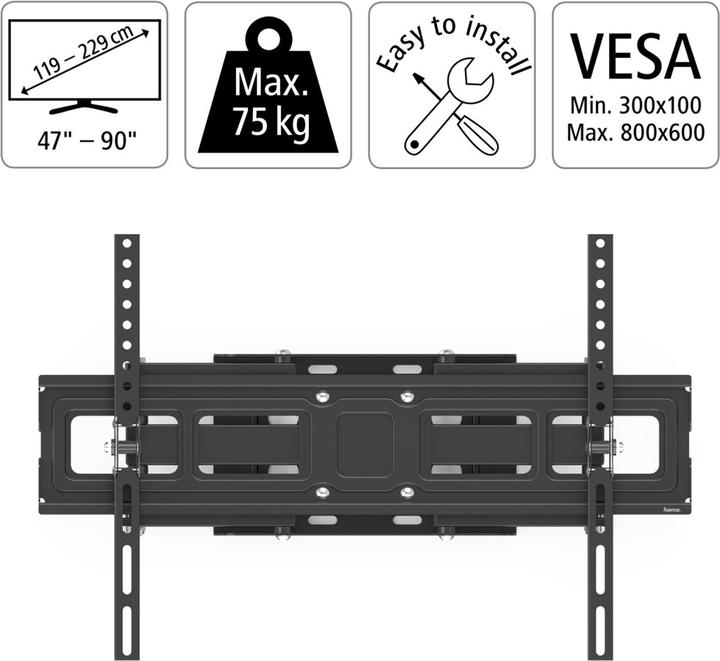 Image du produit Hama Support mural TV FULLMOTION, 5 étoiles, XL - Kit de montage (plaque de connexion, inclinaison, etc.) (Mur, 90.16", 75 kg)